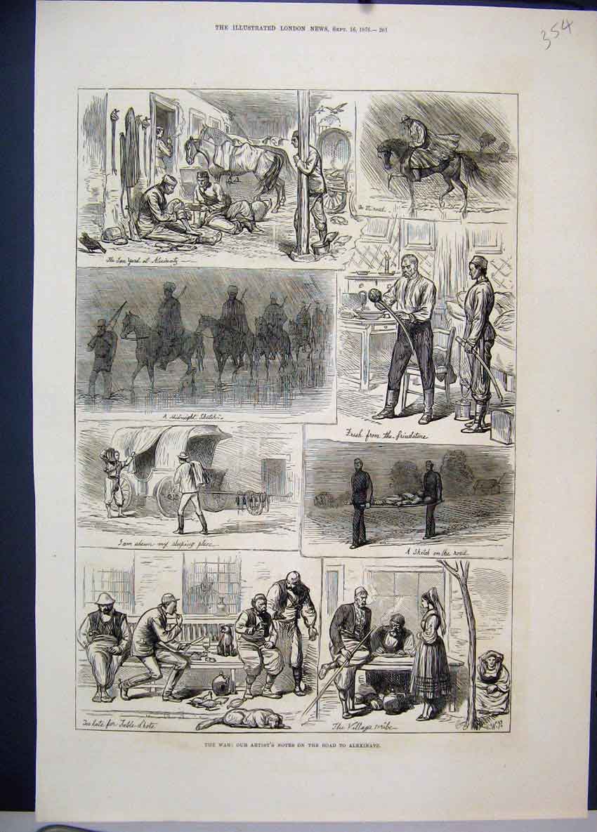 Old Antique Print 1876 War Road Alexinatz Dinner Horses Carriage Sketch 19th