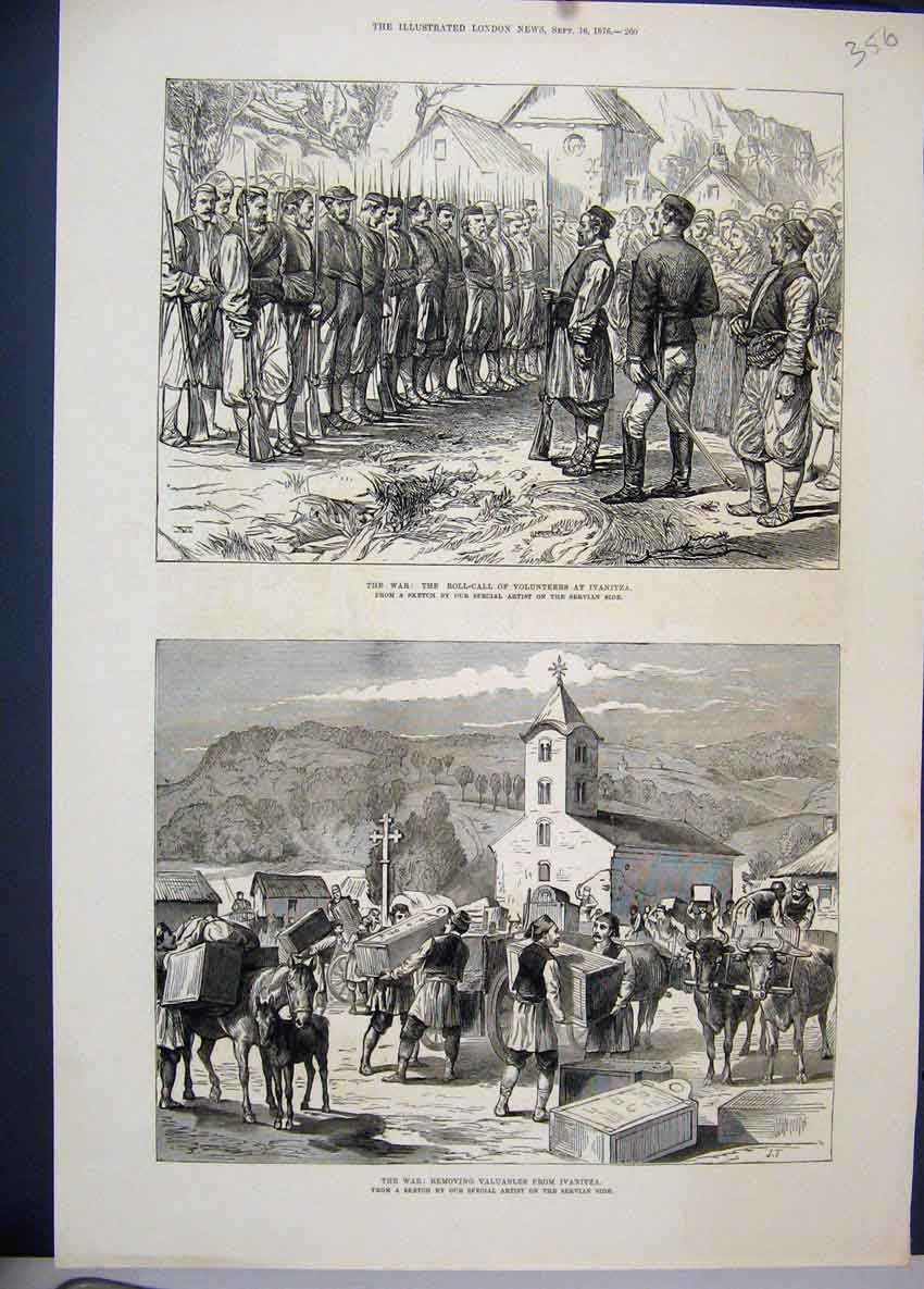 Original Old Antique Print 1876 War Roll Call Ivanitza Valuables Siers Sketches