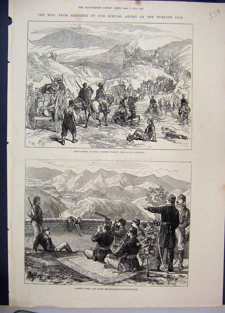 Old Antique Print 1876 War Sophia Nish Troops Soulon Dervent Gurgusovacz 19th