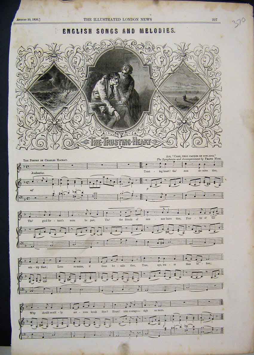 Original Old Antique Print 1856 English Songs Sheet Music Trusting Heart 19th
