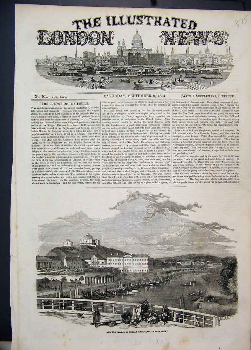 Original Old Antique Print 1854 Abo Capital Russian Finland River Buildings