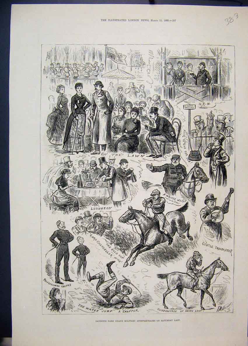 Old Antique Print 1882 Sandown Park Grand Millitary Steeplechase Horses 19th