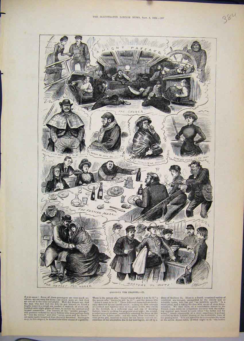 Original Old Antique Print 1884 Crossing English Channel Scenes Ship People