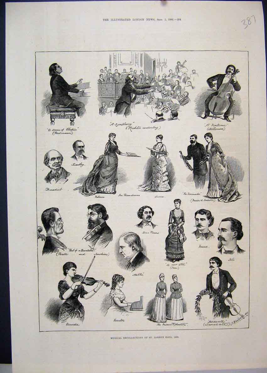 Old Antique Print 1883 Musical Recollections James Hall Symphony Violin 19th