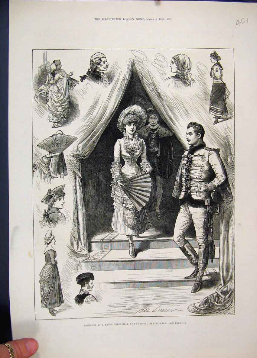 Original Old Antique Print 1882 Fancy Dress Ball Royal Albert Hall Sketches