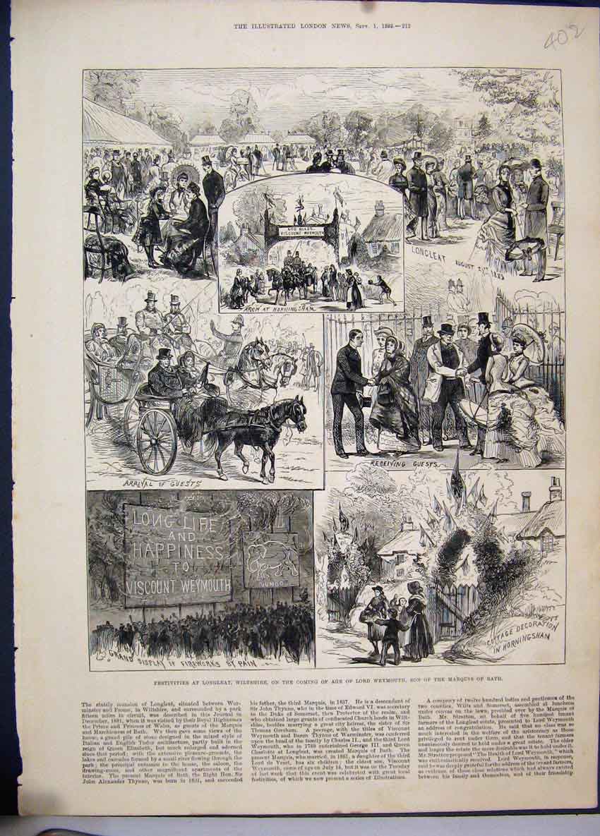 Old Antique Print 1883 Festivities Longleat Wiltshire Lord Weymouth Party 19th
