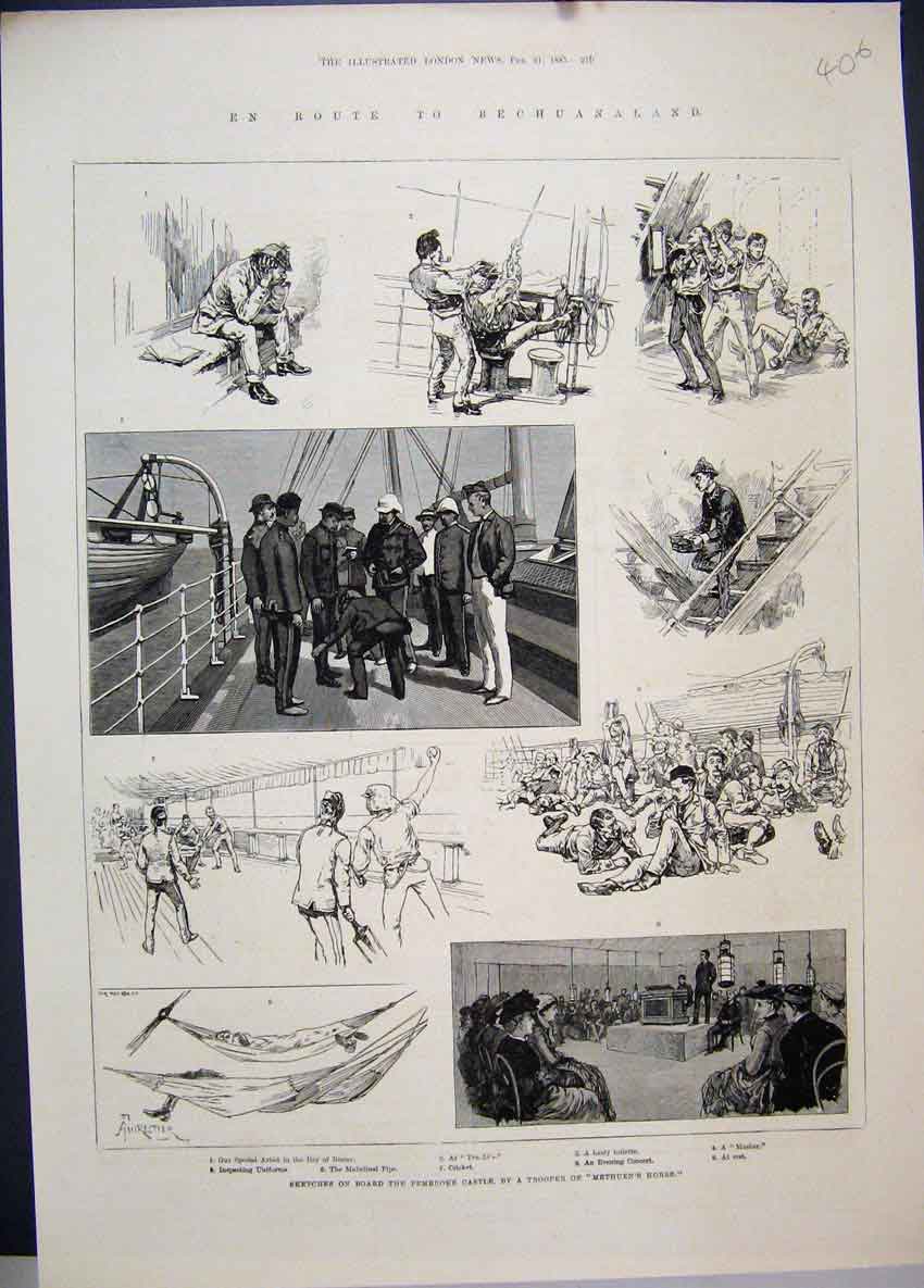 Old Antique Print 1885 Pembroke Castle Methuen Horse Ship Cricket Sketch 19th