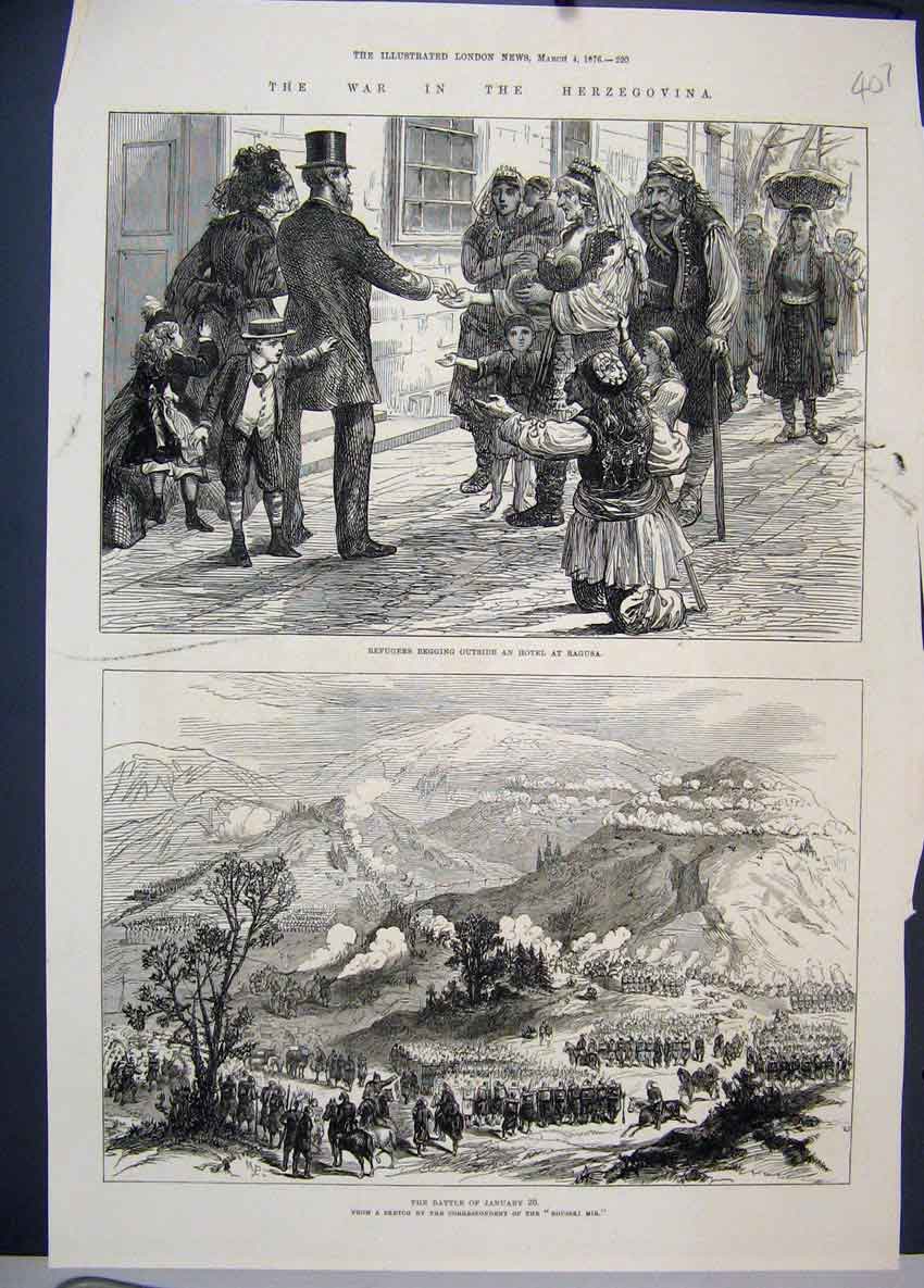 Original Old Antique Print 1876 War Herzegovina Refugees Begging Battle Sketch