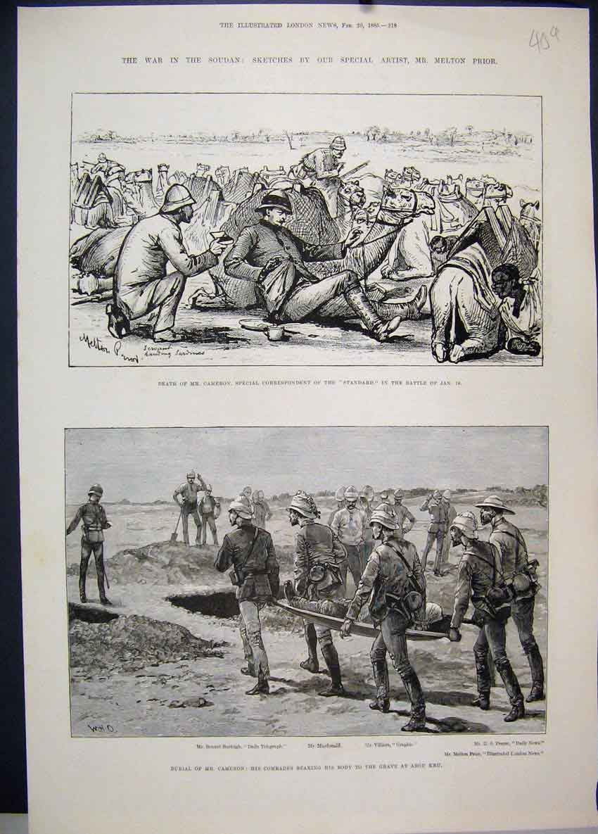 Old Antique Print 1885 War Soudan Burial Cameron Grave Abou Kru Sketches 19th
