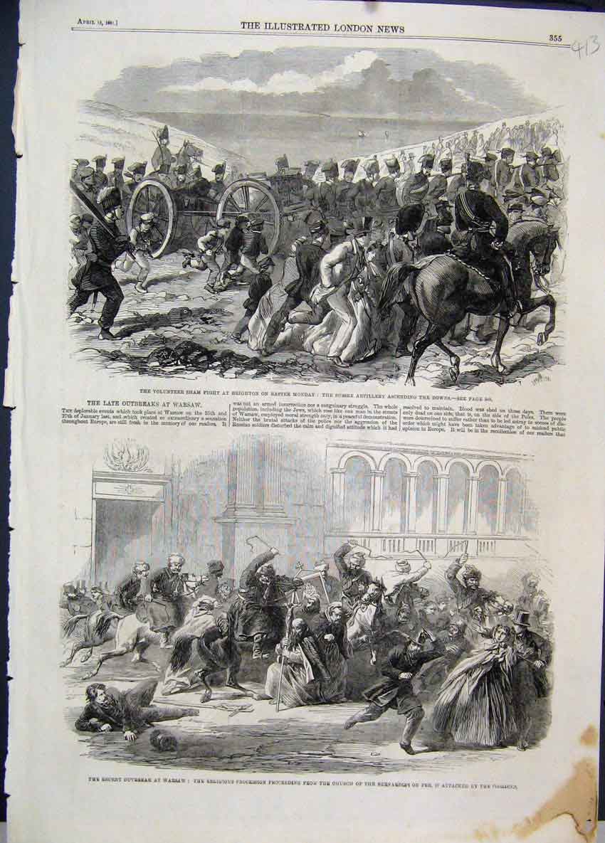Old Antique Print 1861 Sham Fight Brighton Sussex Artillery Church Warsaw 19th