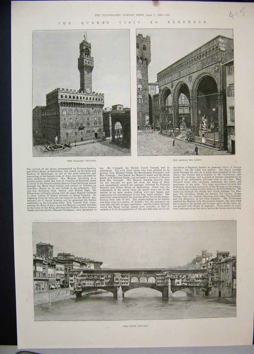 Old Antique Print 188 Queen Florence Palazzo Vecchio Ponte Loggia Lanzi 19th