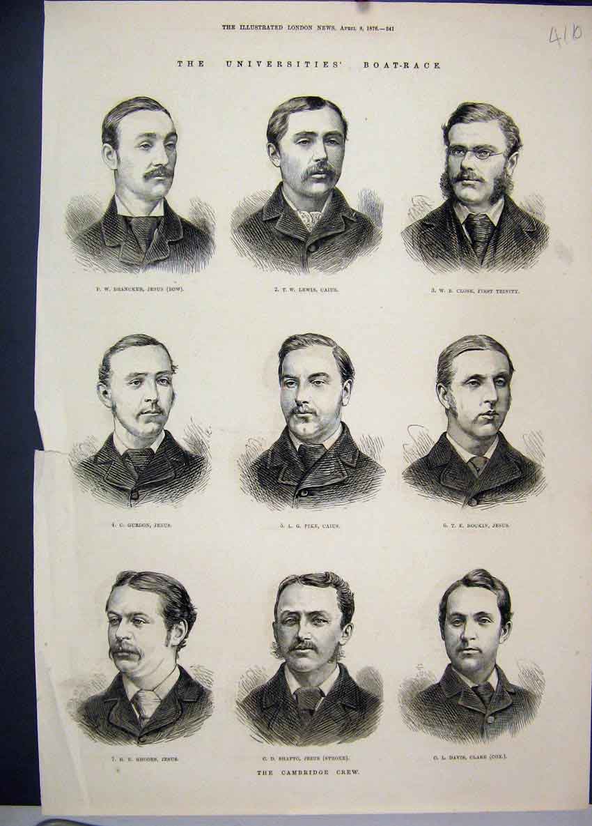 Original Old Antique Print 1876 Universities Boat Race Cambridge Crew Portraits
