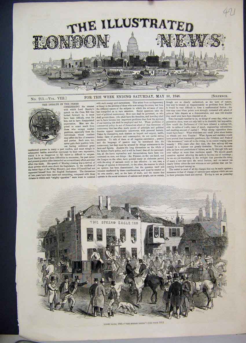 Original Old Antique Print 1846 Epsom Races Spread Eagle Inn Horses Victorian