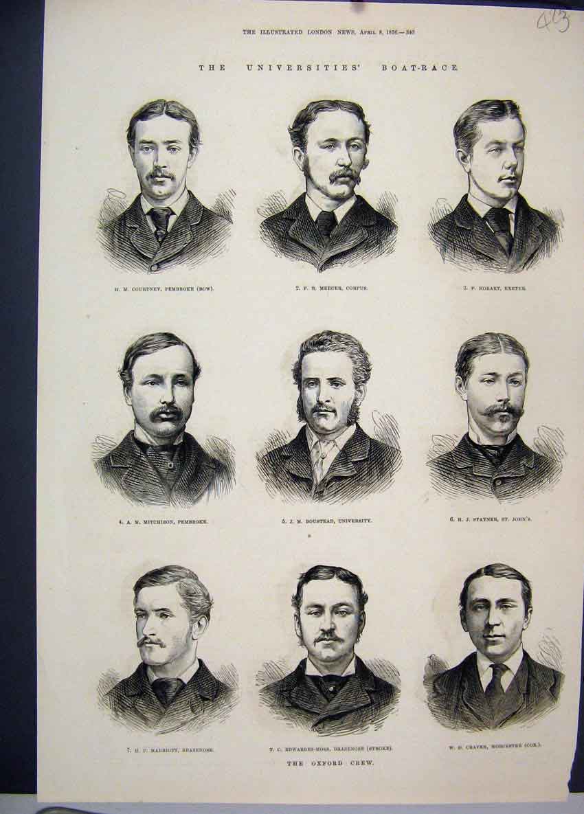 Original Old Antique Print 1876 Universities Boat Race Oxford Crew Portraits