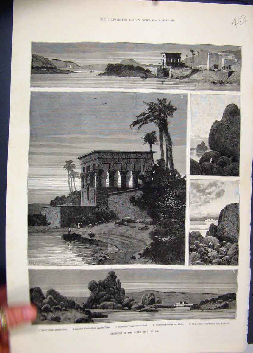 Old Antique Print 1883 Upper Nile Philae Hypaethral Temple Rocks Sketches 19th