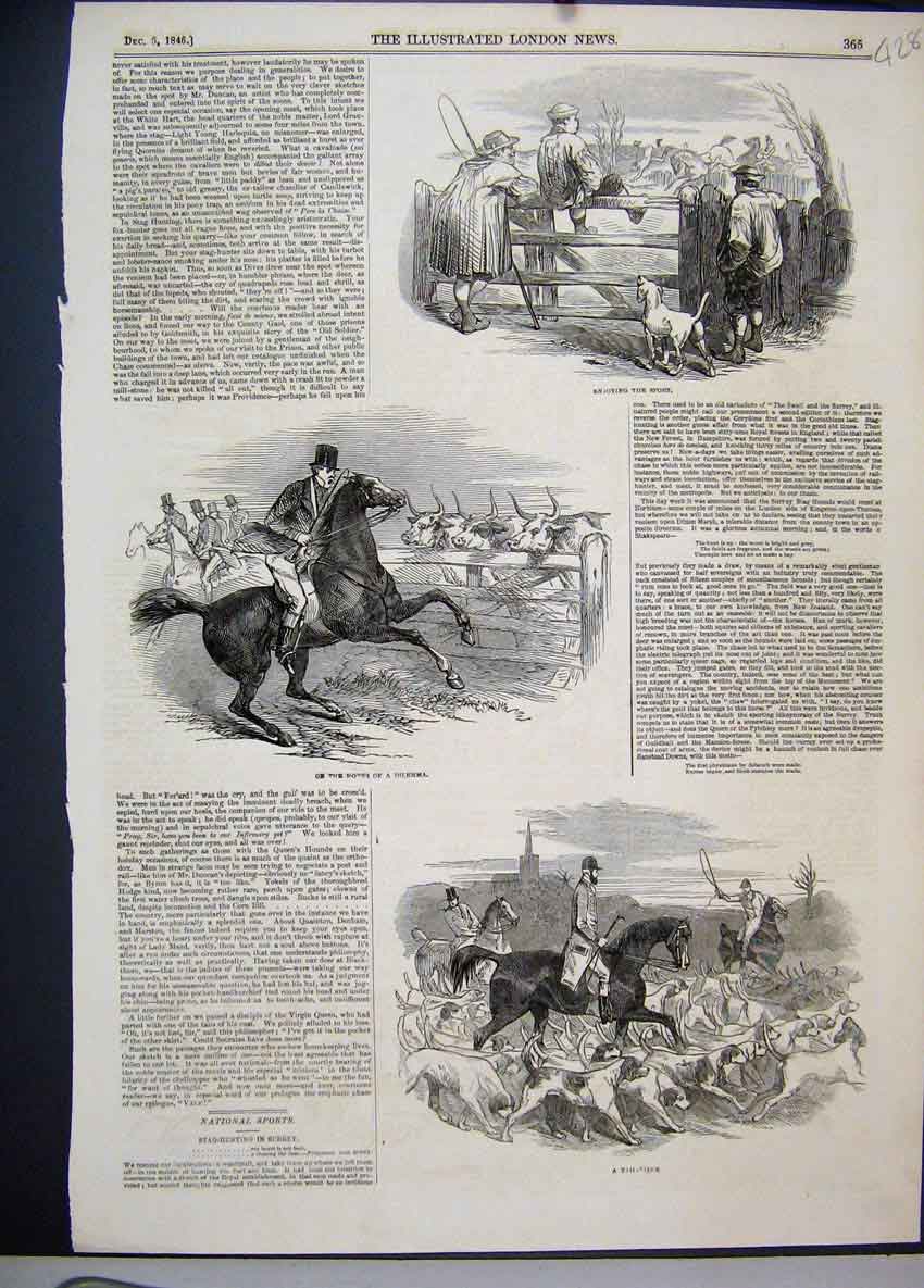 Original Old Antique Print 1846 Fox Hunting Horses Cattle Hounds Dogs Sport