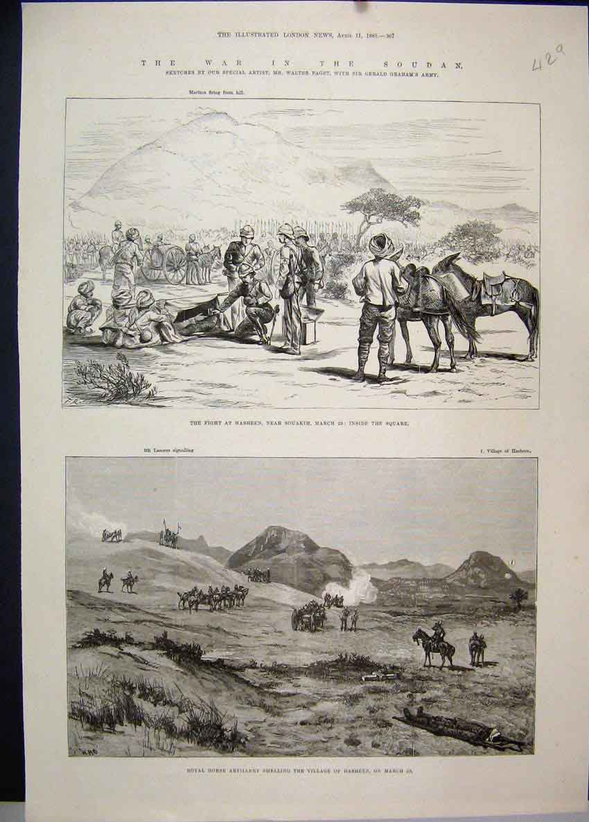 Old Antique Print 1885 War Soudan Fight Hasheen Horse Artillery Sketches 19th