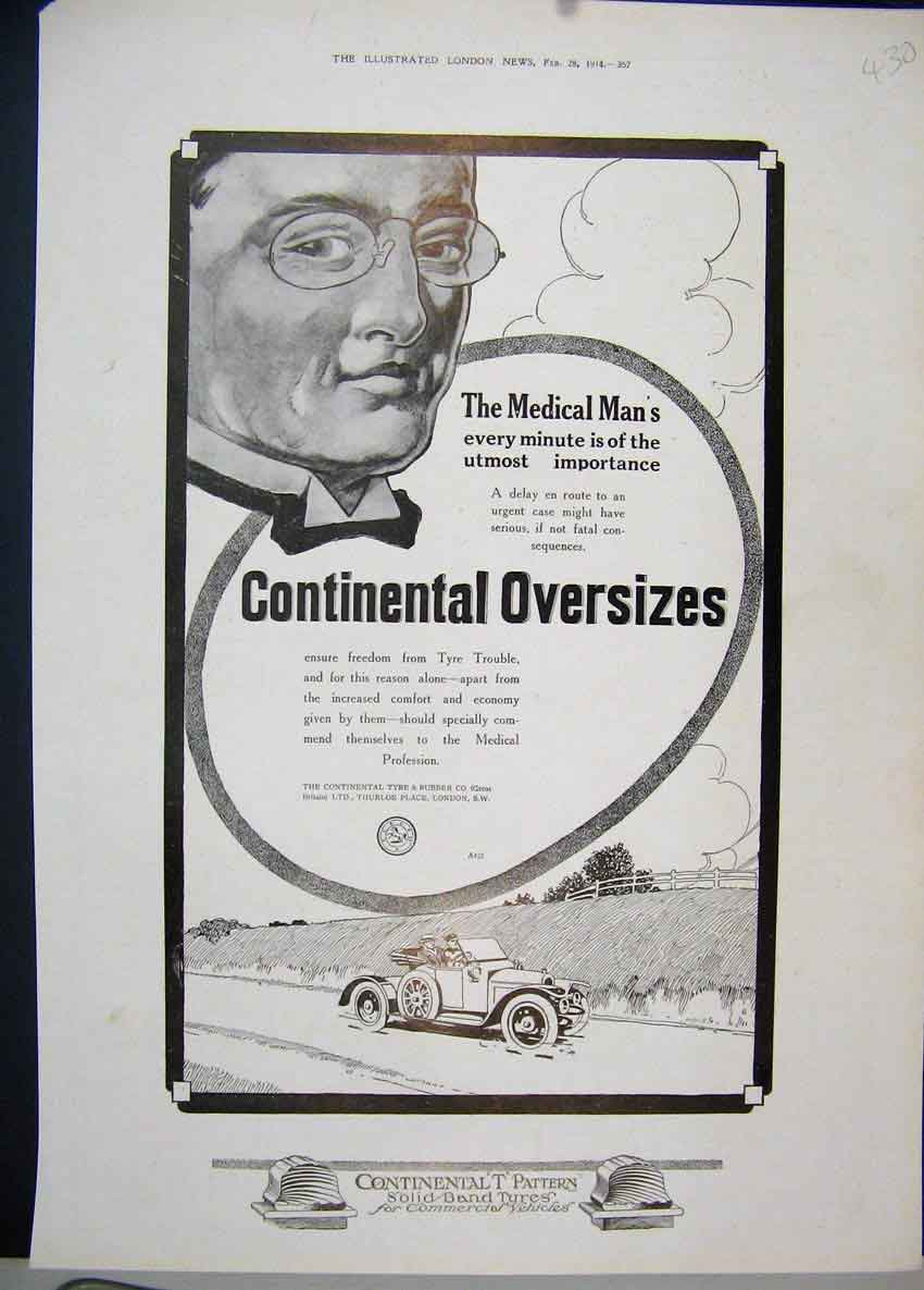 Original Old Antique Print 1914 Medical Man Continental Tyre Motor Car Advert