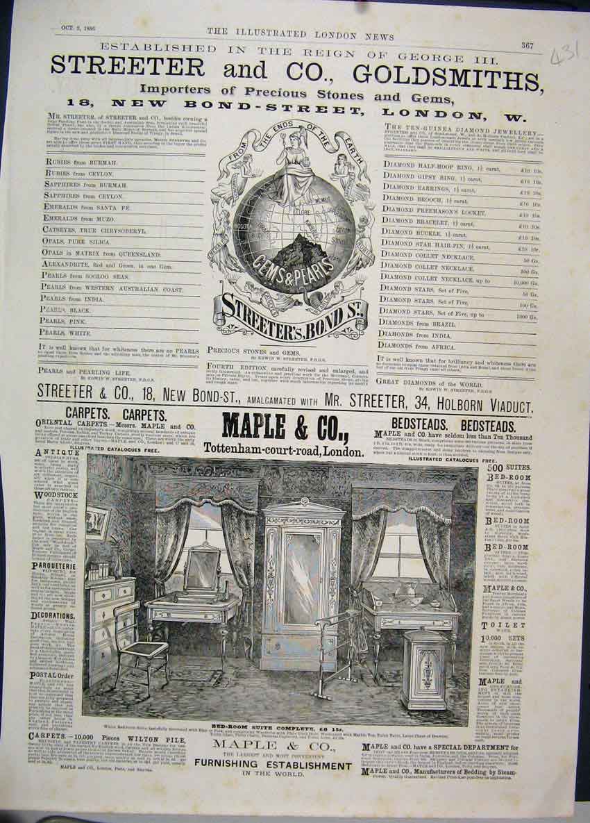 Original Old Antique Print 1886 Streeter Gsmith Maple Furnishing Advert 19th