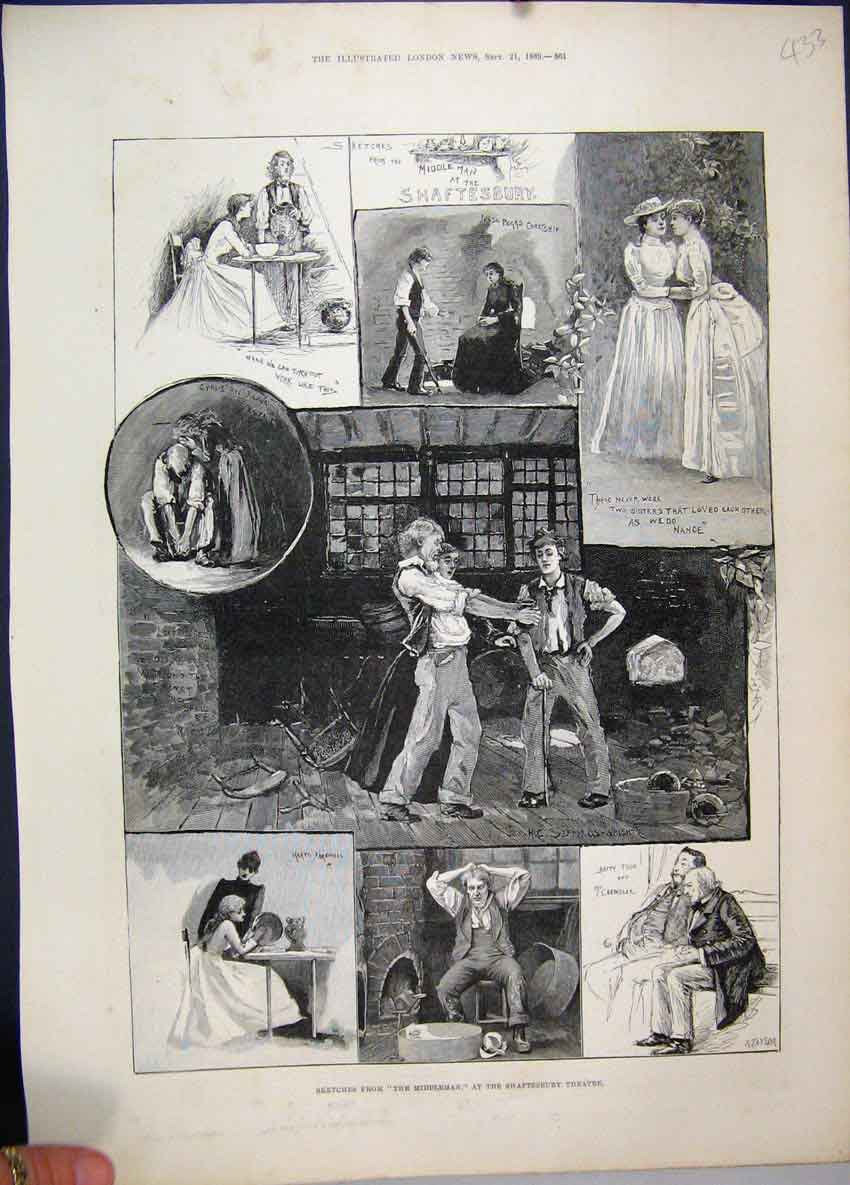 Old Antique Print 1889 Middleman Shaftesbury Theatre Acting Women Sketch 19th