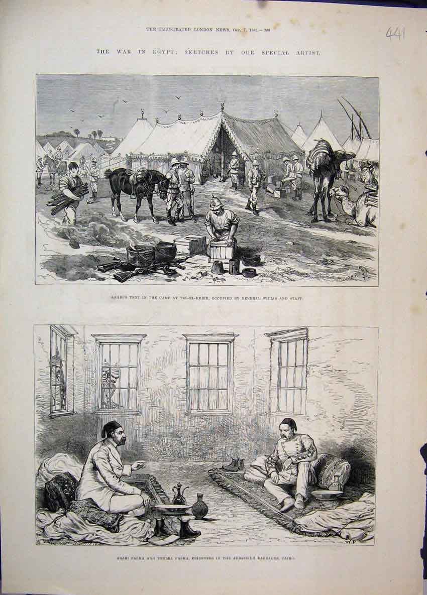 Old Antique Print 1882 War Egypt Arabi Tent Camp General Willis Abbassieh 19th