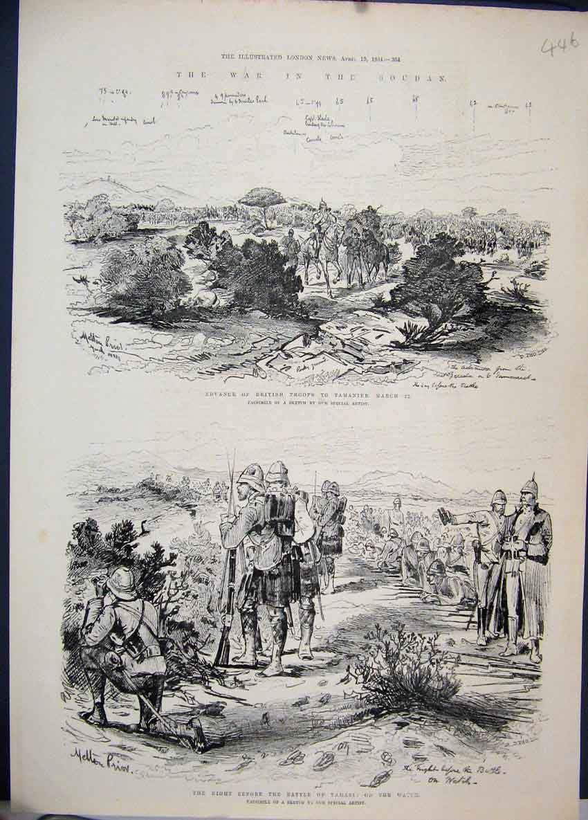 Old Antique Print 1884 War Soudan British Troops Tamanier Scottish Sketch 19th