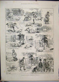 Original Old Antique Print 1886 Pigs Chasing Feeding Country Comedy Sketches