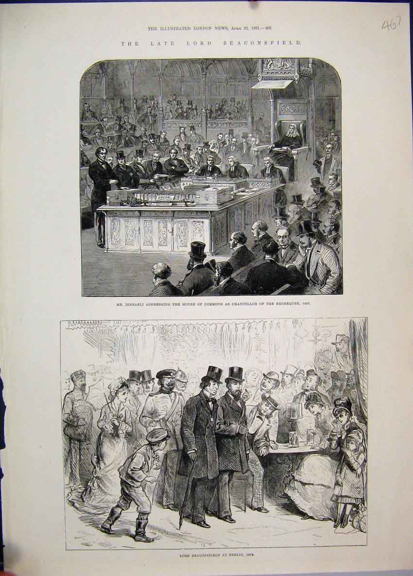 Original Old Antique Print 1881 Lord Beaconsfield Berlin Disraeli House Commons