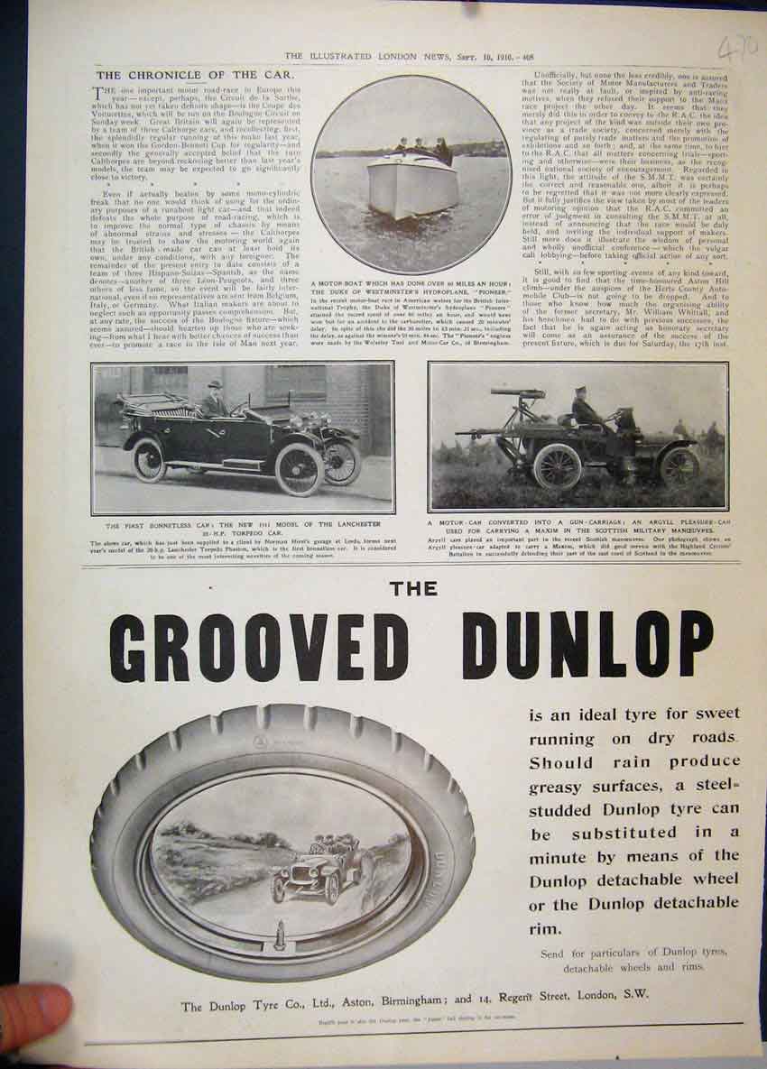 Original Old Antique Print 1910 Grooved Dunlop Tyre Bonnetless Car Motor Advert