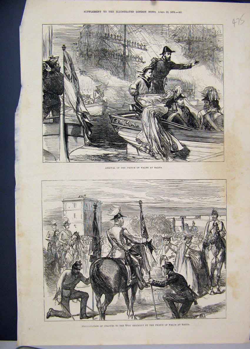 Original Old Antique Print 1876 Prince Wales Malta Colours Regiment Horse Ship