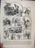 Old Antique Print 1889 Village Flower Shop Grapes Plants Children Sketch 19th