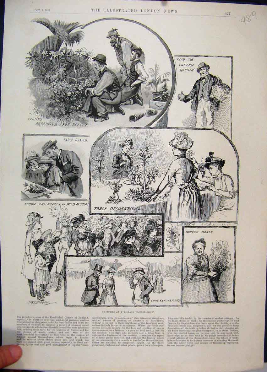 Old Antique Print 1889 Village Flower Shop Grapes Plants Children Sketch 19th