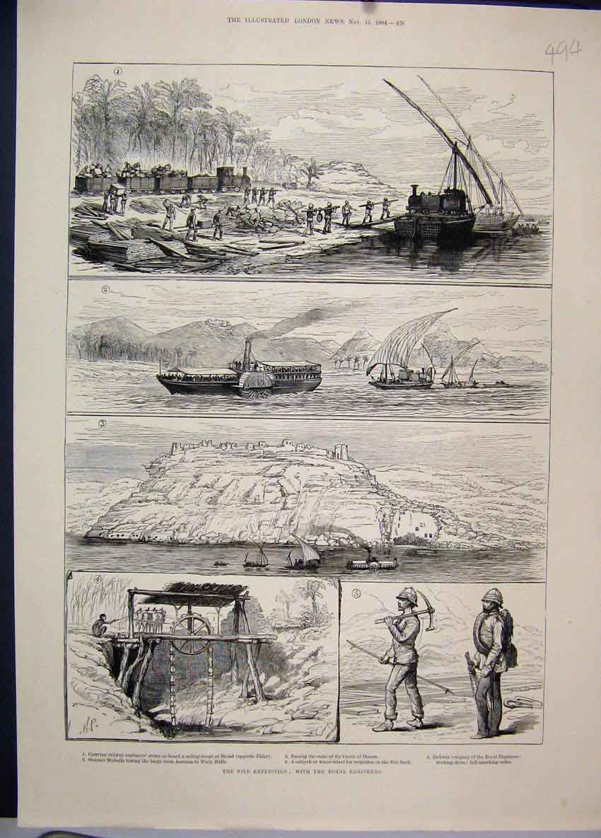 Original Old Antique Print 1884 Nile Expedition Royal Engineers Railway Steamer