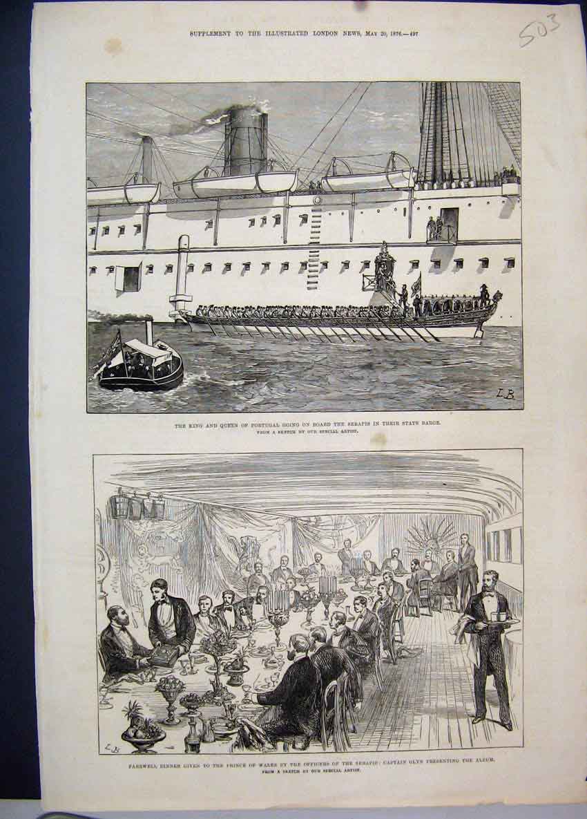 Old Antique Print 1876 King Queen Portugal Serapis Ship Dinner Glyn Album 19th