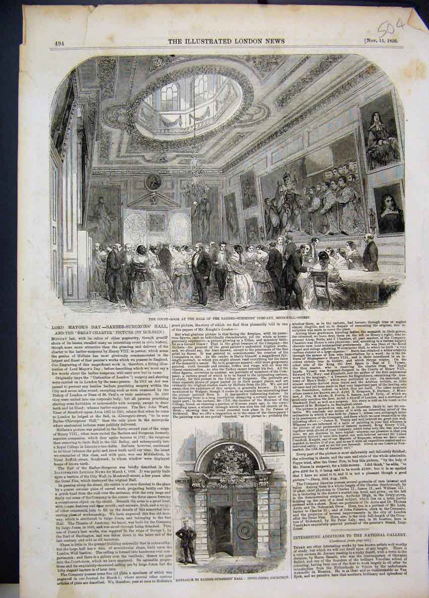 Original Old Antique Print 1856 Court Room Hall Barber Surgeon Monkwell Street