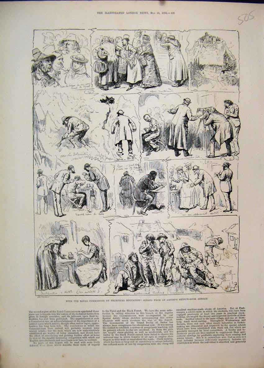 Original Old Antique Print 1884 Royal Commission Technical Education Sketches