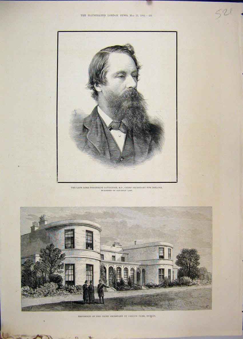 Old Antique Print 1882 Chief Secretary Phoenix Dublin Frederick Cavendish 19th