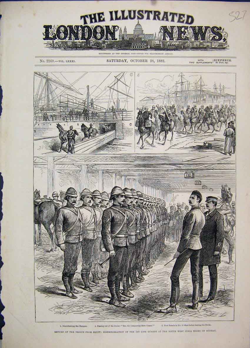 Old Antique Print 1882 Troops Egypt Charger Docks West India Guard Sketch 19th