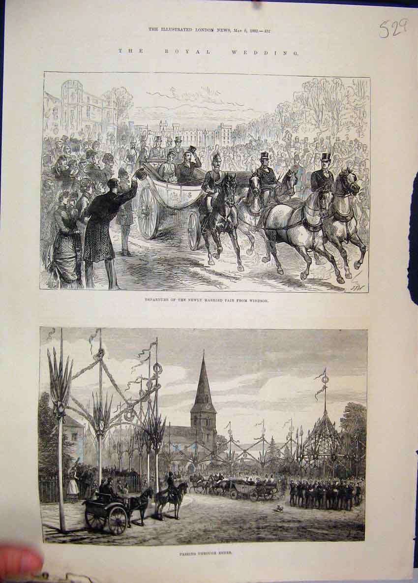 Old Antique Print 1882 Royal Wedding Passing Esher Married Windsor Horse 19th