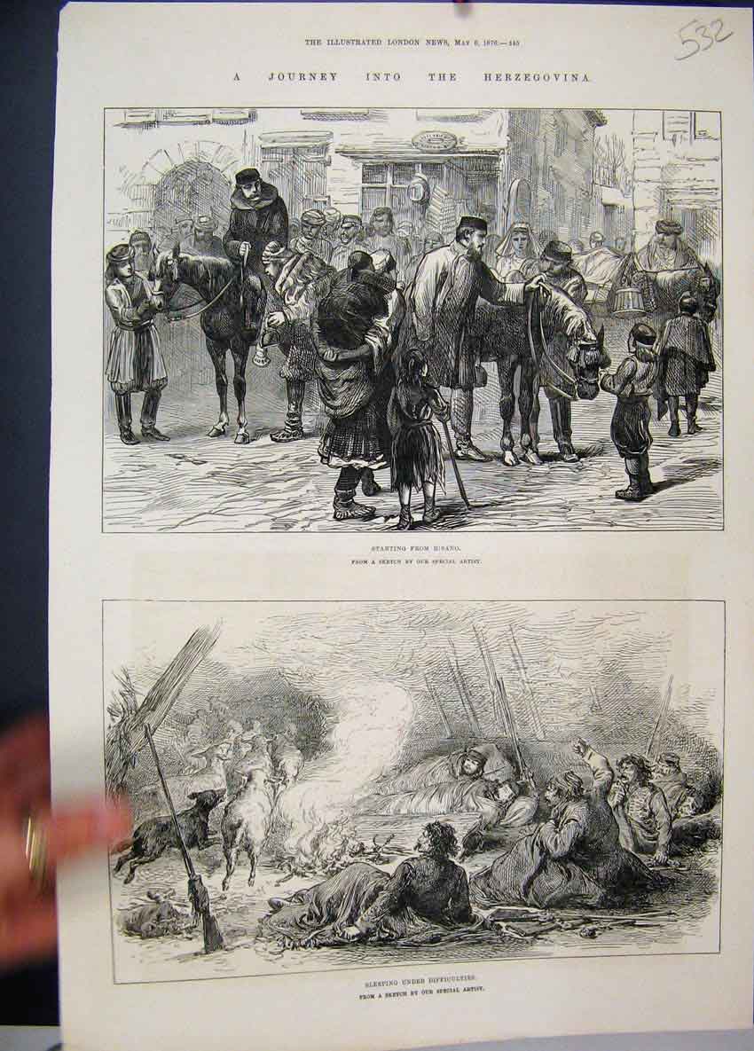 Original Old Antique Print 1876 Herzegovina Sleeping Men Sheep Horses Sketches