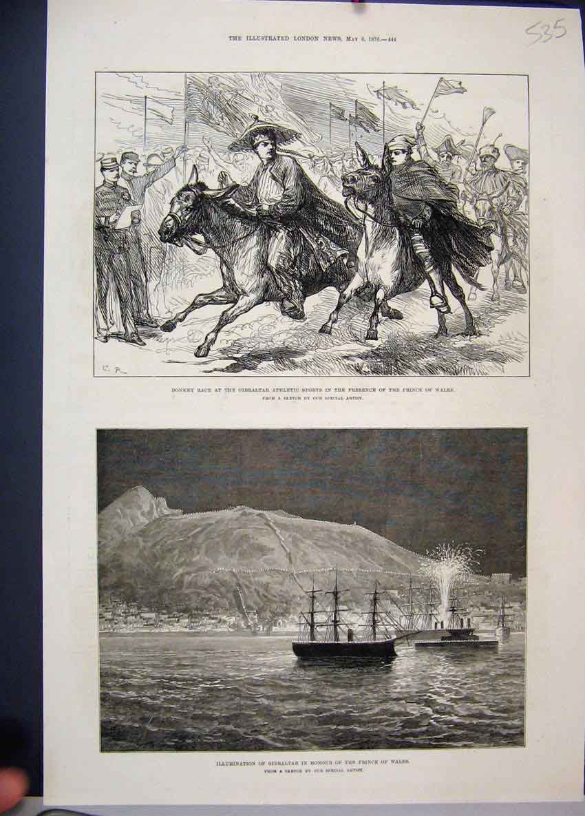 Old Antique Print 1876 Donkey Race Gibraltar Athletic Prince Wales Ships 19th