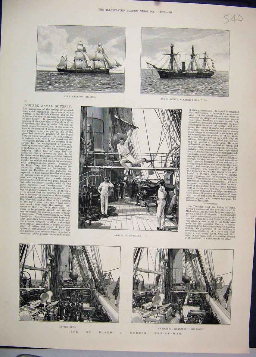 Old Antique Print 1887 Modern Man War Ship Athletics Guns Calypso Active 19th