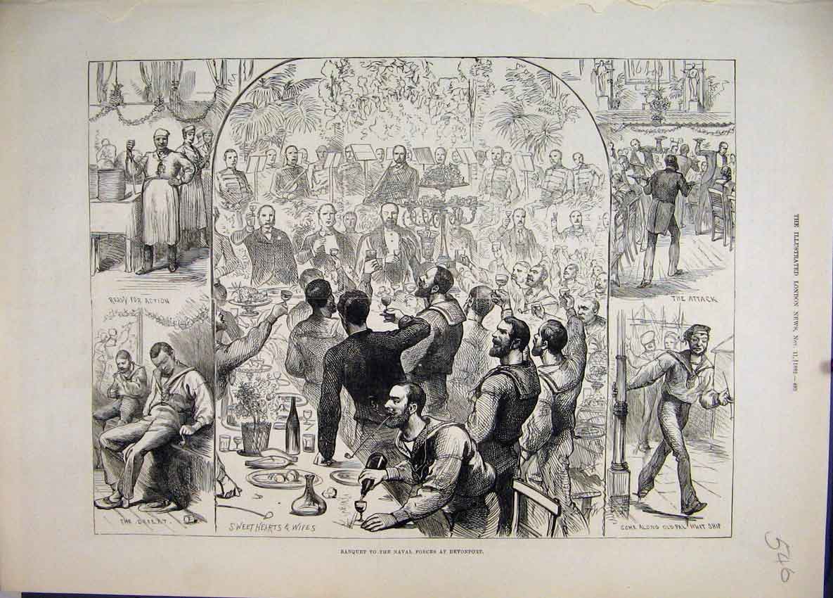 Original Old Antique Print 1882 Banquet Naval Forces Davenport Food Victorian