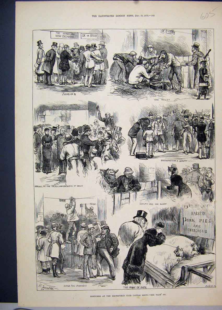 Old Antique Print 1879 Smithfield Club Cattle Show Prince Wales Sketches 19th