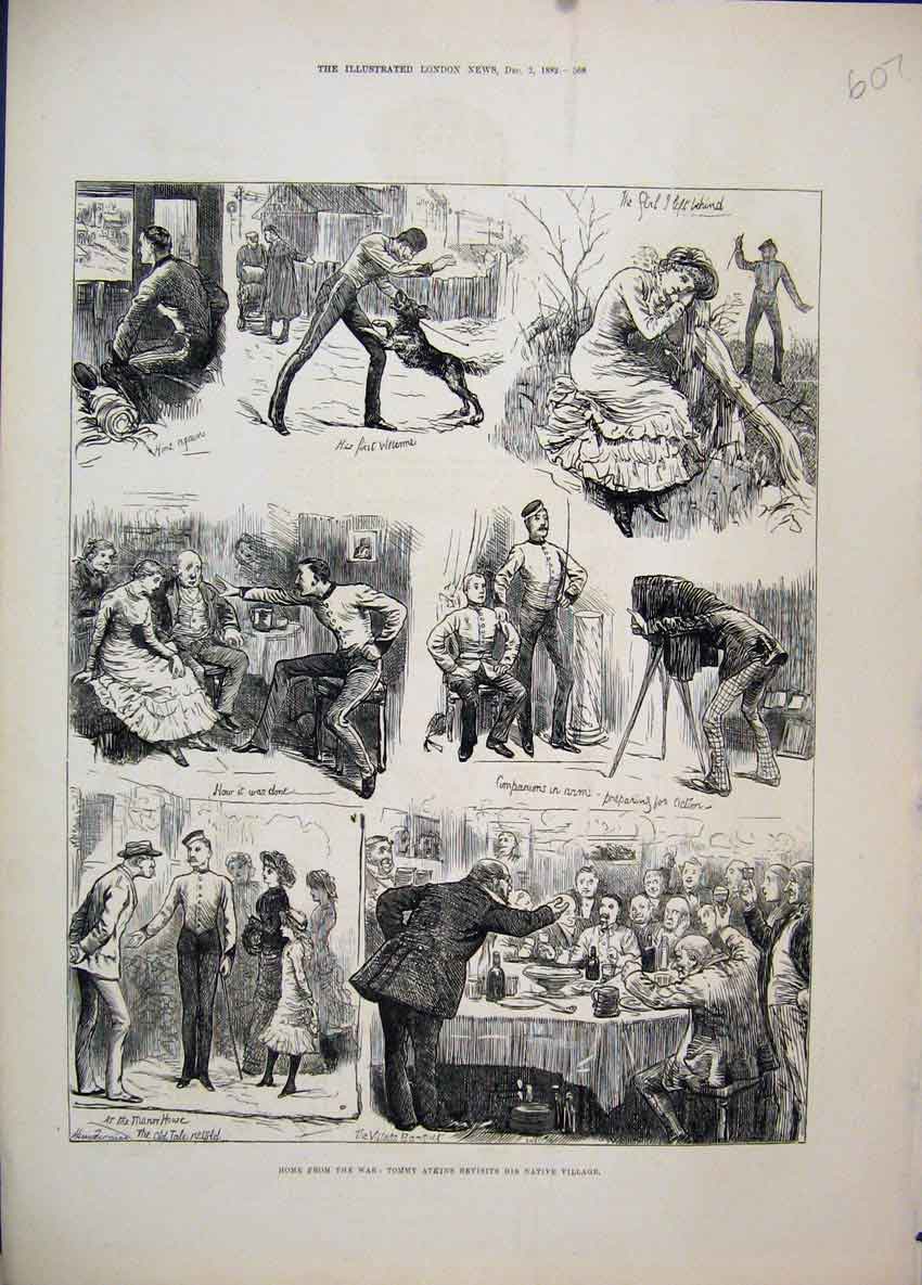 Old Antique Print 1882 War Home Tommy Atkins Native Village Dog Romance 19th