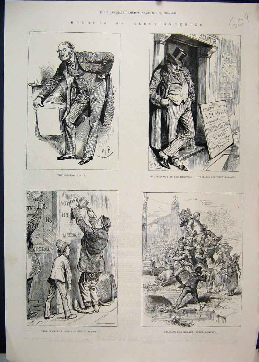 Original Old Antique Print 1885 Electioneering Agent Othello Theatre Humour