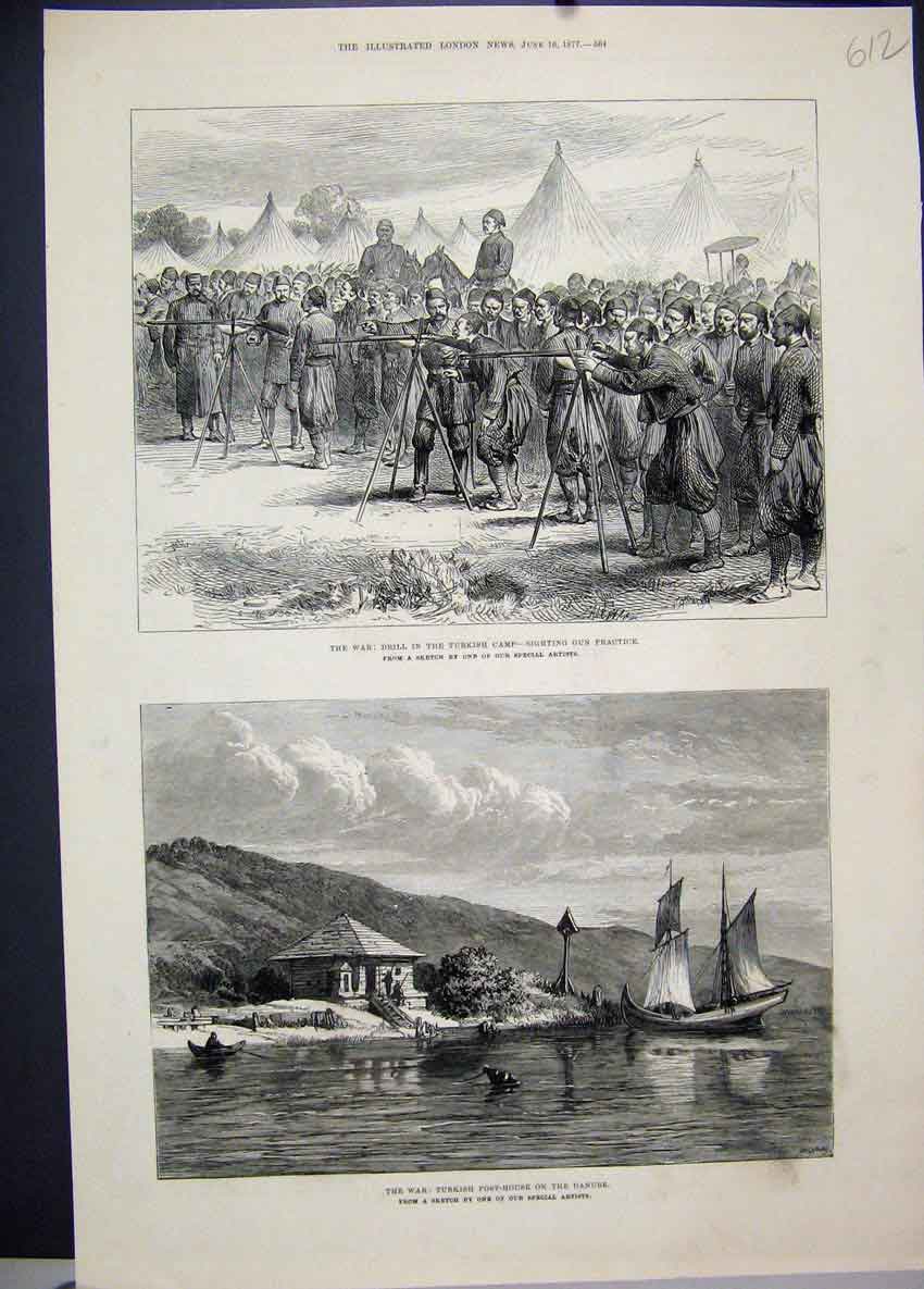 Original Old Antique Print 1877 War Turkish Post House Danube Camp Gun Practice