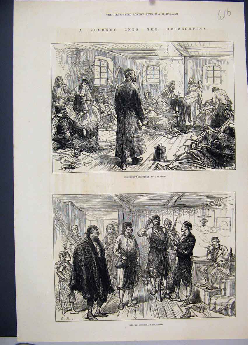 Original Old Antique Print 1876 Herzegovina Insurgent Hospital Grahovo Guides