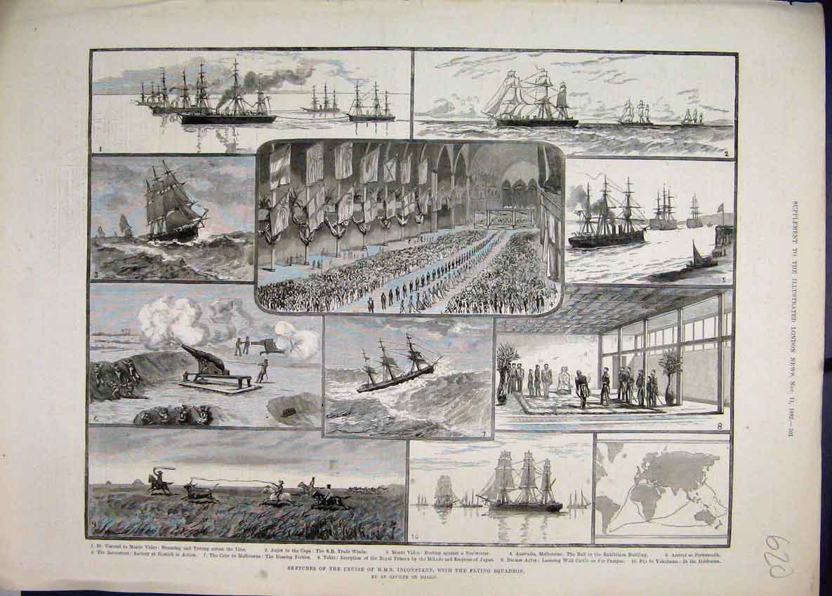 Old Antique Print 1882 Cruise Inconstant Flying Squadron Ship Australia 19th