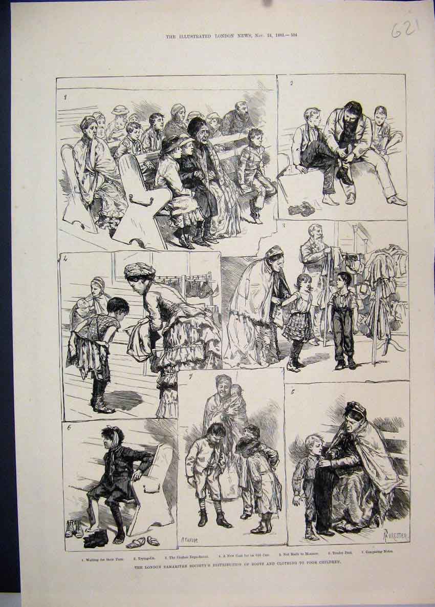 Original Old Antique Print 1883 London Samaritan Boots Clothes Poor Children